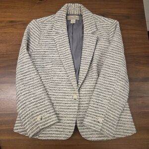 Lucky Brand Bouclé Ivory Gray Silver Textured Tweed Stripe Blazer Jacket, Sz M